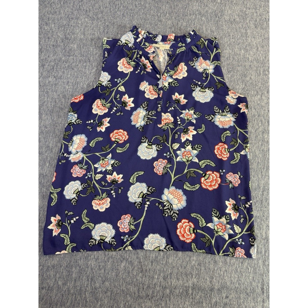 Loft Women's Blue Purple Floral Ruffle Neck Sleeveless Blouse Size XXLP